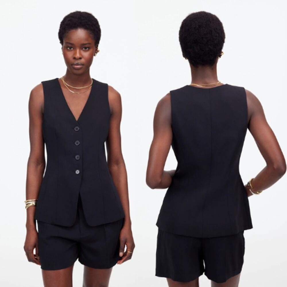 Madewell Women's Button Front VNeck Cutaway Long Vest NU440 Jet Black Sz 00 NWT